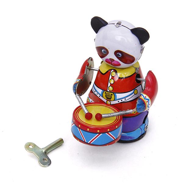 Vintage Collectible Toys - Aufziehbares Uhrwerk-Panda-Schlagzeuger-Spielzeug im Vintage-Stil, Sammlerstück, Metalltierfigur,
