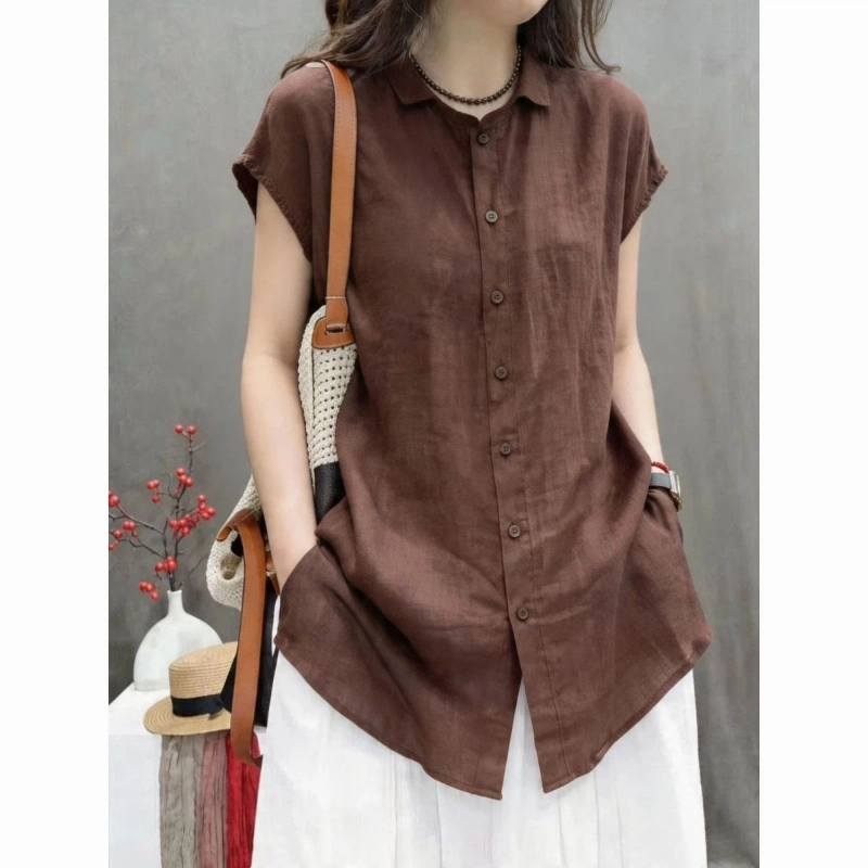 Vintage Collectible Buttons - Büro-Damen Kurzarm-Bluse mit Knöpfen, Schlichte Sommerkleidung